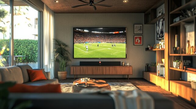 A football game being broadcast on a large TV in a cozy living room with stylish decor, representing the joy of watching live sports at home in a modern setting - Powered by Adobe