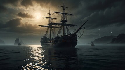 Fototapeta premium Ghostly Sailing Ship on the Moonlit, Misty Ocean under Starry Sky V5