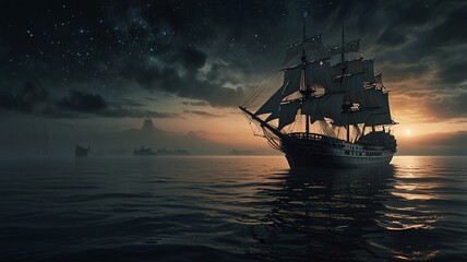 Obraz premium Ghostly Sailing Ship on the Moonlit, Misty Ocean under Starry Sky V7