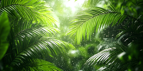 Tropical Jungle Foliage in Rain with Sunlight