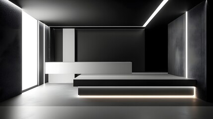 54. A clean 3D showroom with floating panels and glowing edges, leaving room for a product to be placed in the center.