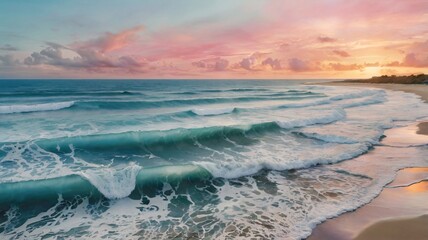 Naklejka premium Turquoise Waves, pink-orange sky, golden hour, Serene Beach Sunset V2