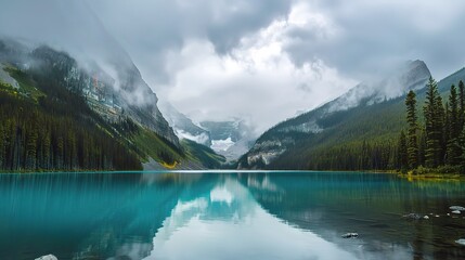 Gorgeous cloudy day landscape with rolling hills, vast meadows, serene lakes, and distant mountains. The sky is filled with various shades of gray clouds, creating a moody and captivating atmosphere