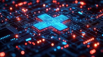 Obraz premium A glowing blue plus sign symbol on a circuit board with red lights