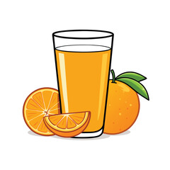 Vector Cartoon Illustration Glass of Orange Juice and Orange Fruits