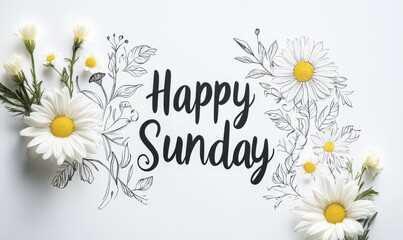 Happy Sunday - lettering on white background with daisy flowers
