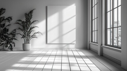 Minimalist White Room with Large Blank Canvas and Window View