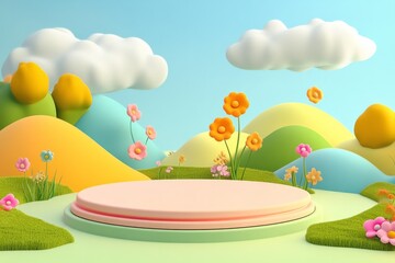  cute stage design with a podium, landscape with clouds and sky, pastel colors, cartoon style, children's product display stand. 