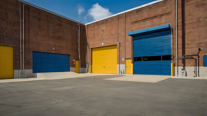 Industrial Architecture's Intense Contrast: Warehouse Appearance With Blue Walls and Bold Yellow Door generative ai