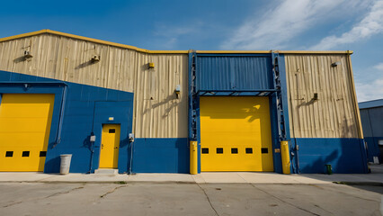 Industrial Architecture's Intense Contrast: Warehouse Appearance With Blue Walls and Bold Yellow Door generative ai