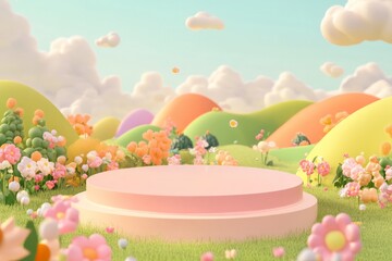  cute stage design with a podium, landscape with clouds and sky, pastel colors, cartoon style, children's product display stand. 