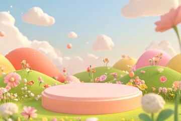  cute stage design with a podium, landscape with clouds and sky, pastel colors, cartoon style, children's product display stand. 