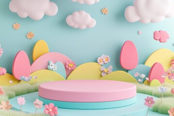  cute stage design with a podium, landscape with clouds and sky, pastel colors, cartoon style, children's product display stand. 