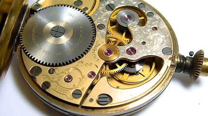 Naklejka premium Close-up View of the Intricate Mechanism Inside a Vintage Pocket Watch