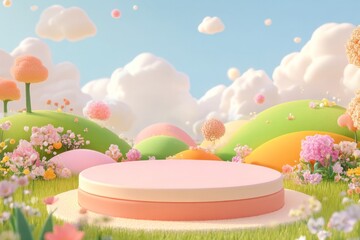  cute stage design with a podium, landscape with clouds and sky, pastel colors, cartoon style, children's product display stand. 