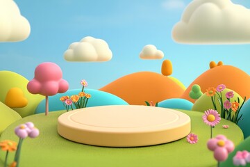  cute stage design with a podium, landscape with clouds and sky, pastel colors, cartoon style, children's product display stand. 