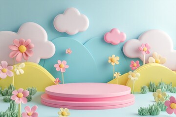  cute stage design with a podium, landscape with clouds and sky, pastel colors, cartoon style, children's product display stand. 