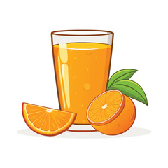 Vector Cartoon Illustration Glass of Orange Juice and Orange Fruits