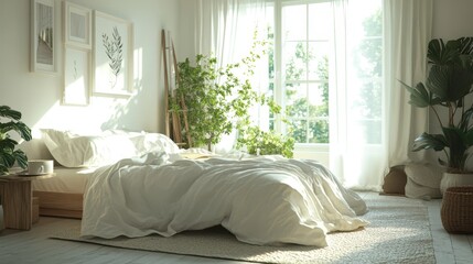A cozy bedroom scene with morning light streaming through the window, showcasing relaxation.