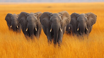 Elephant Family Walking Through Tall Grass in African Savanna