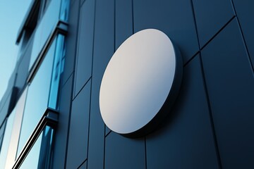 mock-up of a blank white circular sign hanging on the side wall of a modern building.