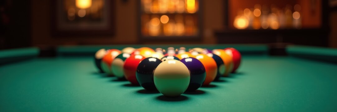 A close-up view of a billiards table with a freshly racked set of colorful pool balls, perfect for promoting sports bars, game rooms, or billiard clubs.