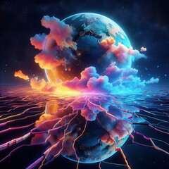 Earth Background, Colorful Landscape with Neon Lights, Bright and Tranquil Nature, for Home Decor, YouTube Thumbnail, Design, Music Cover Art, 4K Wallpaper