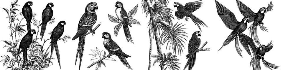Bird silhouettes isolated on white of modern parrots and amazon jungle birds
