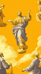 Obraz premium A depiction of Jesus Christ ascending into heaven, surrounded by angels and disciples. The scene is set against a backdrop of yellow clouds.
