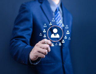 Businessman using people icon, development concept, information exchange, customer service, training, leadership, resources, policy, feedback, professional team, recruitment, digital technology.