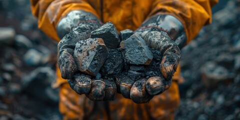 Close-up of a miner holding coal in his hands