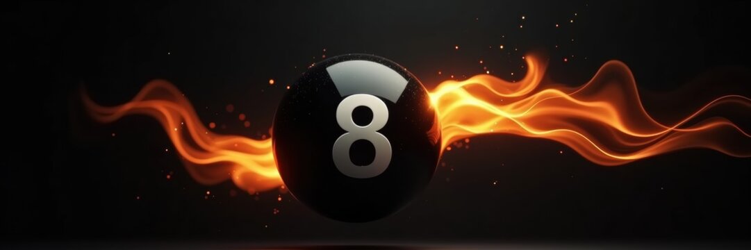 A dynamic illustration of an 8-ball with fiery trails, perfect for projects related to billiards, gaming, sports design, and promotional materials.