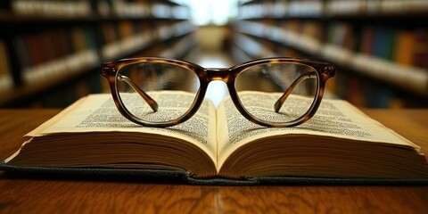 Open Book with Glasses Reflecting Library Bookshelves