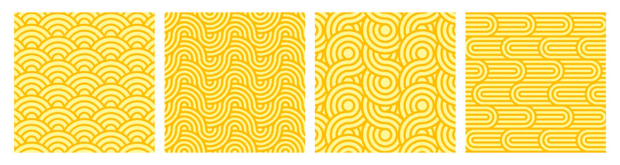 Vector set of yellow ramen noodle pattern backgrounds. Seamless spaghetti, pasta or oriental asian food texture with wave lines geometric ornaments. Posters with italian meal with curve repeat stripes