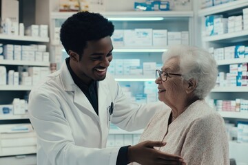 Fototapeta premium Pharmacist Assisting Elderly Woman in Pharmacy Setting for Healthcare Support and Guidance
