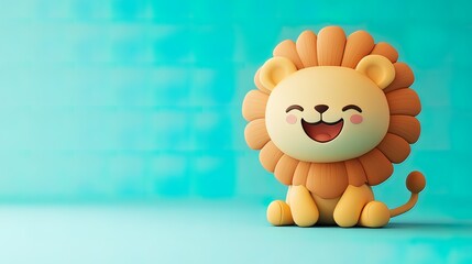 A cute, cartoon lion with a big smile sits on a blue background.