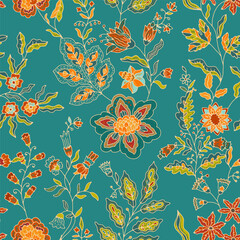 Obraz premium Colorful Botanical Teal Floral Pattern