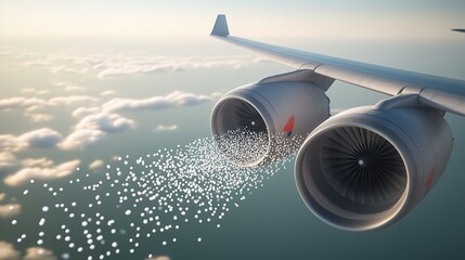 Fototapeta premium Aircraft releasing particles into the atmosphere, symbolizing environmental impact and the balance between technological advancement and ecological responsibility.