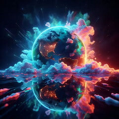 Earth Background, Colorful Landscape with Neon Lights, Bright and Tranquil Nature, for Home Decor, YouTube Thumbnail, Design, Music Cover Art, 4K Wallpaper