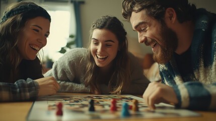 Fototapeta premium A group gathered around a board game, laughing and enjoying their time together.
