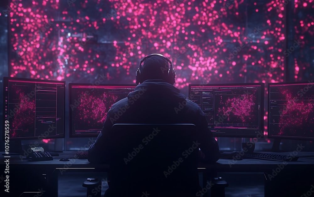Poster A figure with headphones sits before multiple glowing screens, immersed in a digital environment filled with vibrant, abstract patterns.