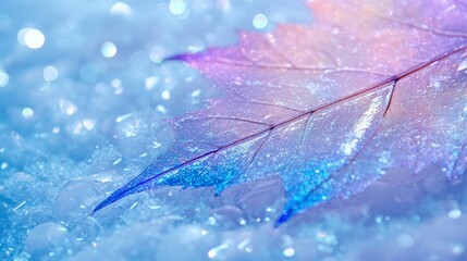 Holographic colored leaves against a backdrop of snowflakes, glowing colors background
