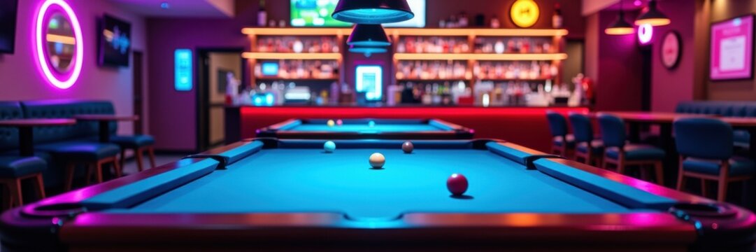 A vibrant billiards hall with neon lights, showcasing a beautifully arranged pool table. Perfect for capturing the lively atmosphere of nightlife and entertainment.