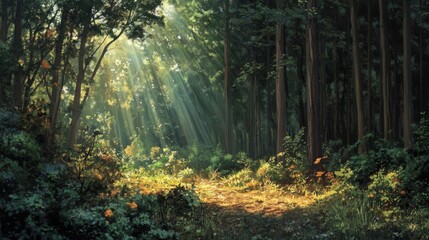Obraz premium Sunbeams Filtering Through a Dense Forest