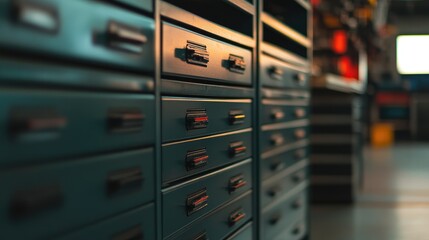 Close-Up View of Metal Drawers in a Modern Workspace with Soft Lighting and Organizing Tools Highlighting a Neat and Efficient Environment