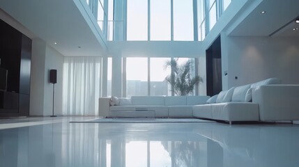 A minimalist modern living room with sleek furniture, large windows, and subtle lighting.