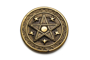 Fototapeta premium Intricately designed bronze medallion featuring a star and circular patterns, isolated on a white background, symbolizing heritage, craftsmanship, and artistic excellence