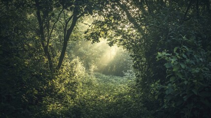 Sunbeams Through Dense Foliage in a Lush Forest