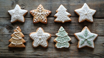 Festive Gingerbread Cookies Decorated for Christmas with Icing in Star and Tree Shapes on Wooden Background for Holiday Celebrations and Baking Inspiration
