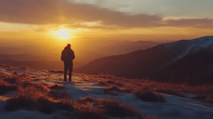 A photographer capturing a sunset in the mountains with a professional camera.